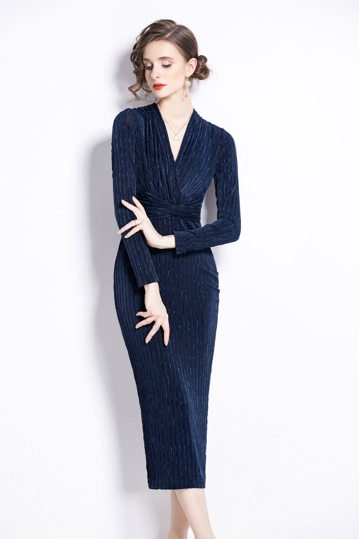 V Neck Tie Waist Bodycon Versatile Velvet Dress-1