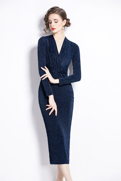 V Neck Tie Waist Bodycon Versatile Velvet Dress-1