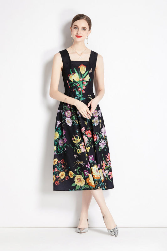 Vintage Black Floral High Waisted Spaghetti Strap Dress-0