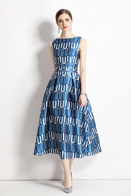 White and Blue Slim Fit A Line Tea Dress-0