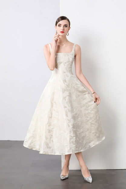 White Jacquard Square Neck Balletcore Wedding Dress-2